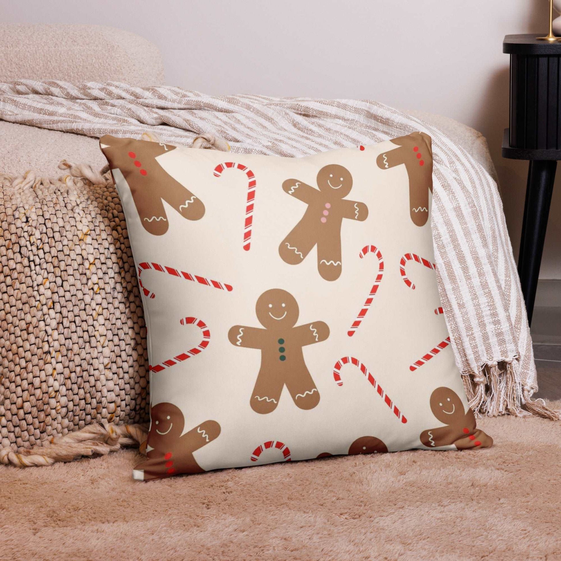 Christmas Pattern Throw Pillow with Gingerbread Man and Candy Cane