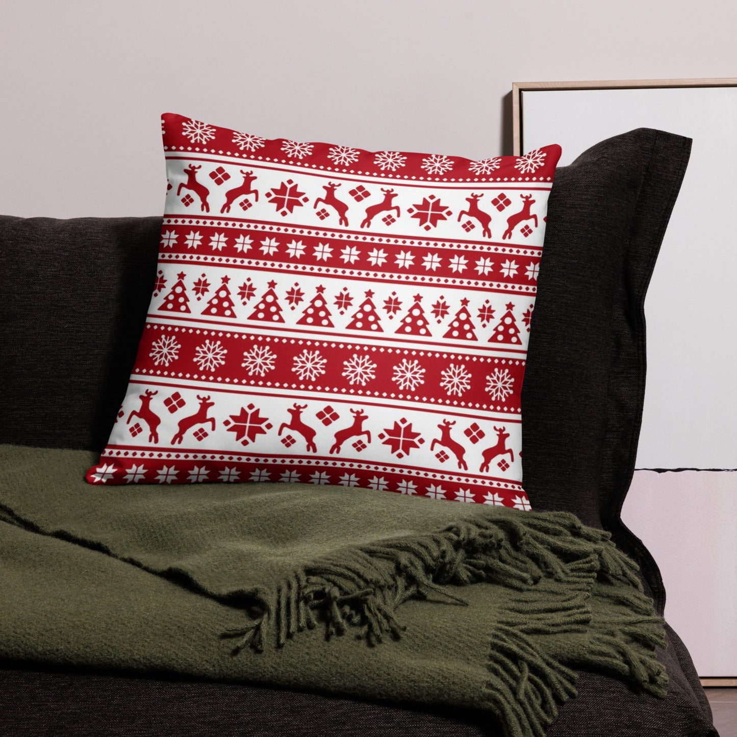 Christmas Holiday Nordic Pattern Red & White Throw Pillow