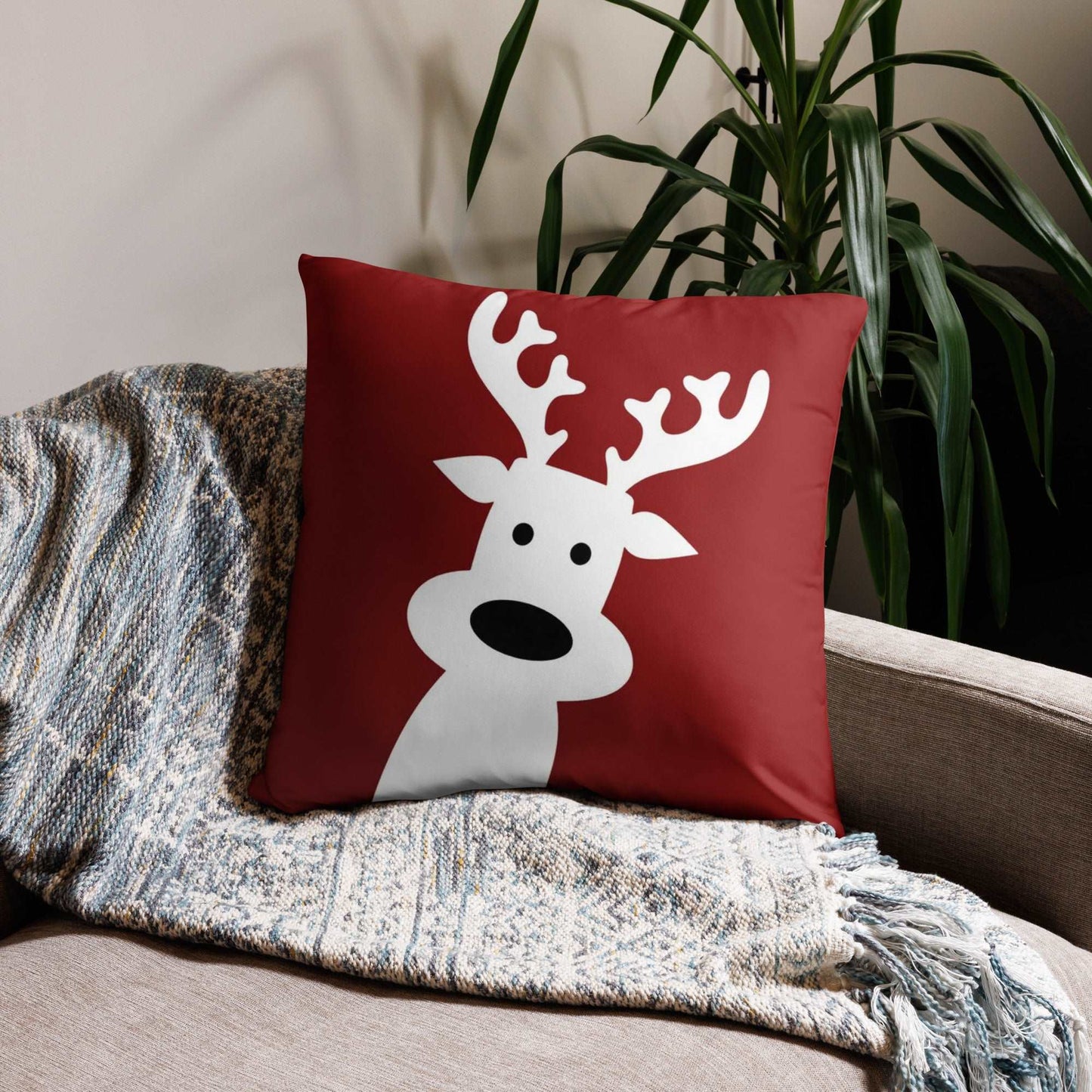 Christmas Reindeer Throw Pillow on Red Background